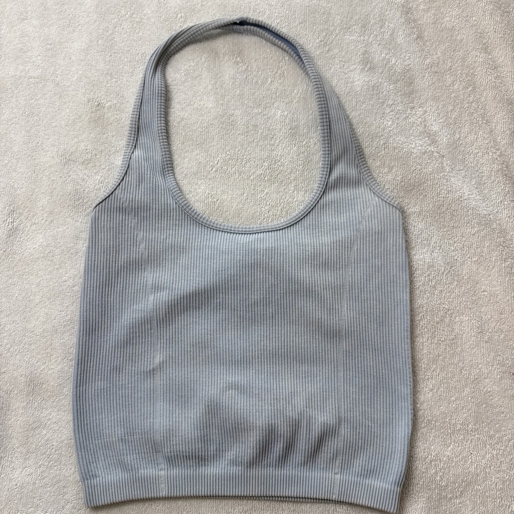 American Eagle Womens XS S Baby Blue Ribbed Seamless Halter Neck Tank Top